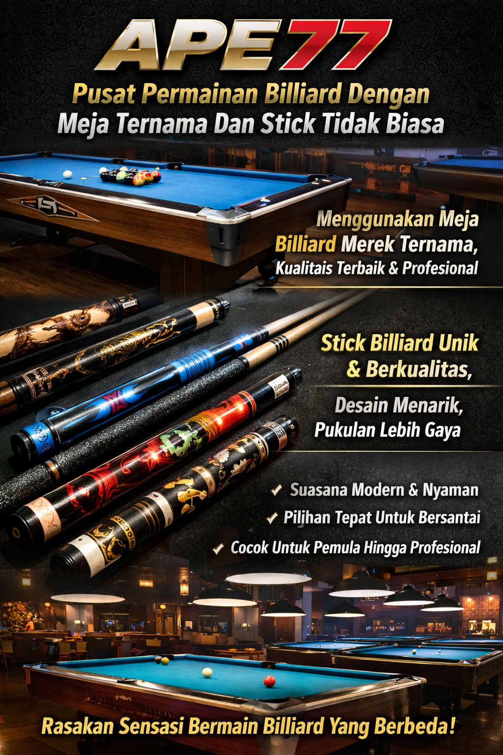 APE77 : Pusat Permainan Billiard Dengan Meja Ternama Dan Stick Tidak Biasa